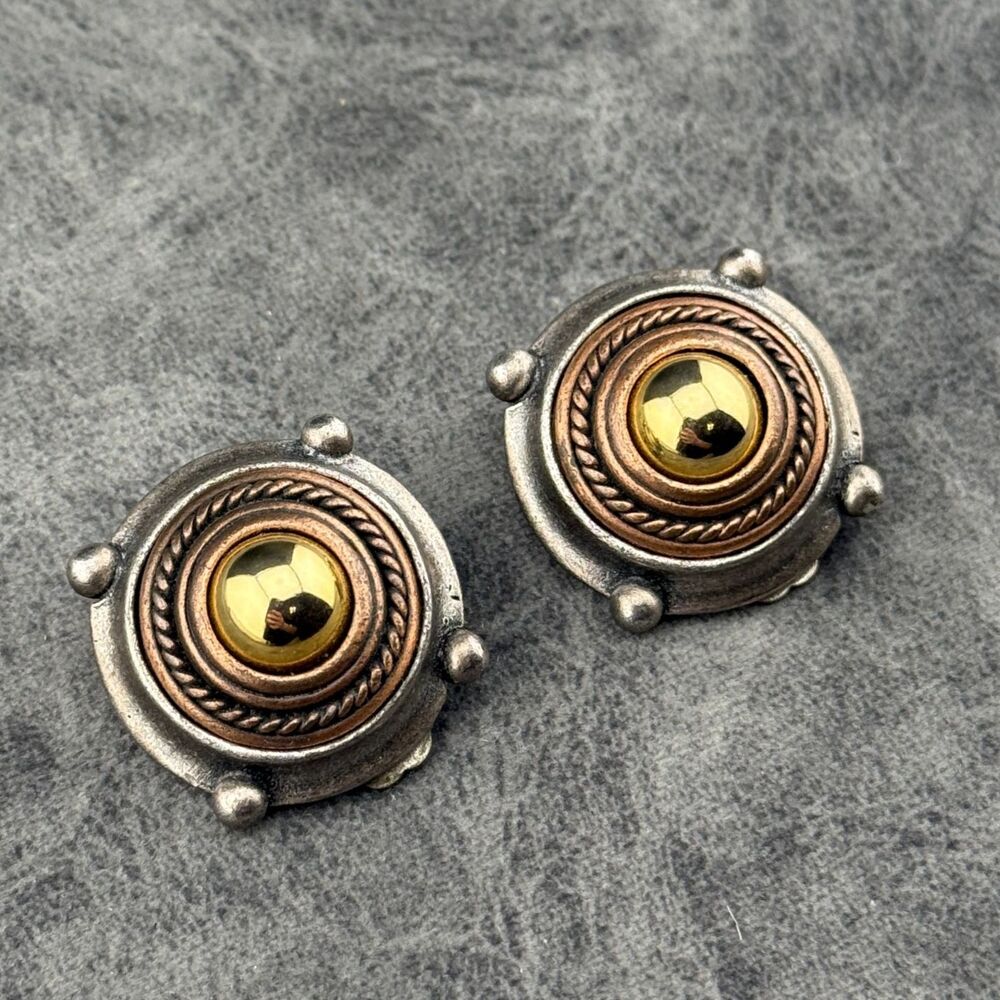 Vintage Sterling Silver Brass Gold-tone Round Dome Clip On Earrings Roman 1.25"